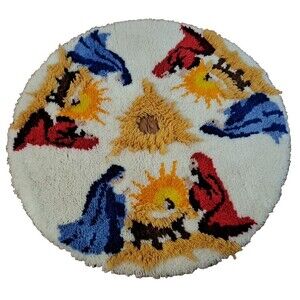 Latch Hook Christmas Tree Skirt Nativity Baby Jesus Mary Joseph Handmade 39"